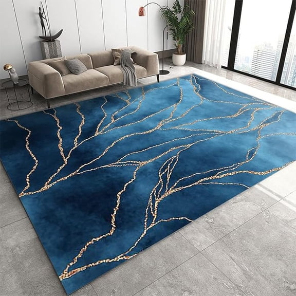 Blue Gold Cracked Marble Area Rug, Blue And Gold Stripes Home Decor Rug, Easy Clean Carpet With Anti-Slip Backing Durable For Bedroom Living Room Dining Room Office 5x7ft