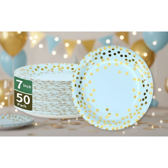 Blue & Gold Dots Party Paper Plates, 50 PCS Disposable Party Supplies Dessert Paper Plates for Baby Shower,Birthday Decorations(7 inches)