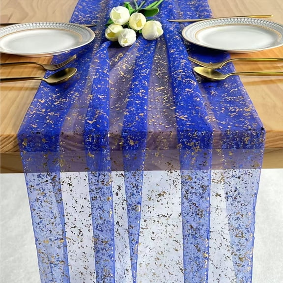 Blue Gold,Embossed Chiffon Table Runner,Golden Glittering Sheer Tablecloth for Dining Table,Wedding,Tablecloths for Decoration and Celebration,Party & Festival Decor