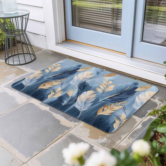 Blue Gold Feather Door Mat Indoor Outdoor, Modern Oil Painting Gradient White Non Slip Welcome Mat with Rubber Backing, Absorbent Fabric Front Door Mats Entryway Rug for Home Patio Entrance 16"x24"