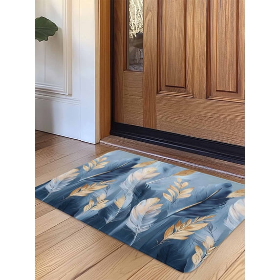 Blue Gold Feather Door Mat Indoor Outdoor Entrance,Non Slip Small Rug for Kitchen Bathroom Entryway Rug,Modern Oil Painting Gradient White Washable Doormat Floor Mat 16x24 Inch