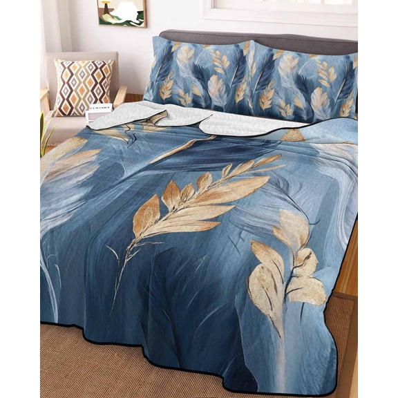 Blue Gold Feather King Size Down Alternative Comforter, Lightweight Comforter Quilt Bedding Set with Pillow Shams Modern Oil Painting Gradient White All Seasons Bed Comforter Duvet Insert 96"x106"