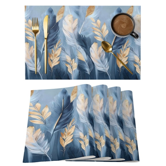 Blue Gold Feather Placemats Set of 2, Cotton Linen Fabric Place Mats, Modern Oil Painting Gradient White Washable Decorative Table Mats Protector for Home Kitchen Dining Wedding Party Coffee Tables
