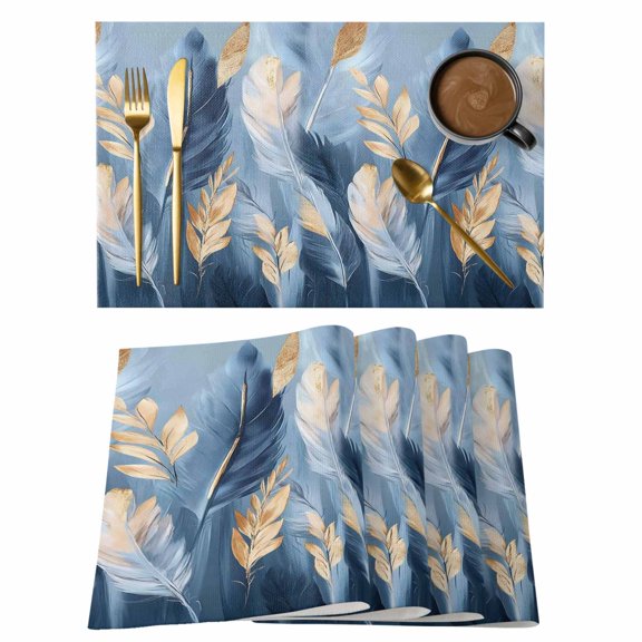 Blue Gold Feather Placemats Set of 4 Modern Oil Painting Gradient White Place Mats Indoor Wipeable Table Mats Washable Cloth Dining Table Placemats for Kitchen Holiday Party Home Decor 13x19 Inch