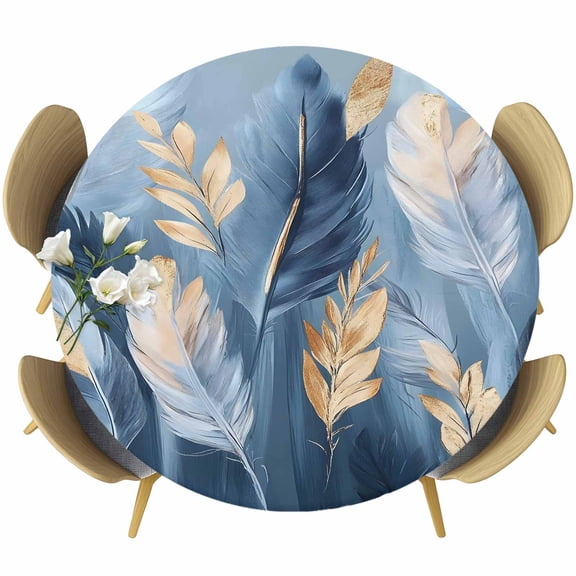 Blue Gold Feather Table Cloth, Round Fitted Tablecloths with Elastic Edge, Modern Oil Painting Gradient White Wipeable Waterproof Table Cover for Kitchen Wedding 45-54 Inches