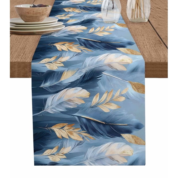 Blue Gold Feather Table Runner 36 Inches, Modern Oil Painting Gradient White Bed Runner Dresser Scarves Tabletop for Indoor Outdoor Parties/Ceremony/Banquet, 13"x 36"