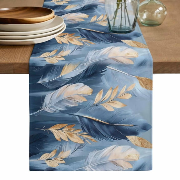 Blue Gold Feather Table Runner, Modern Oil Painting Gradient White Washable Cotton Linen Table Runners 36 Inches Long, Dresser Scarf Runner for Nightstand/End Tables/Round Tables 13''x36''