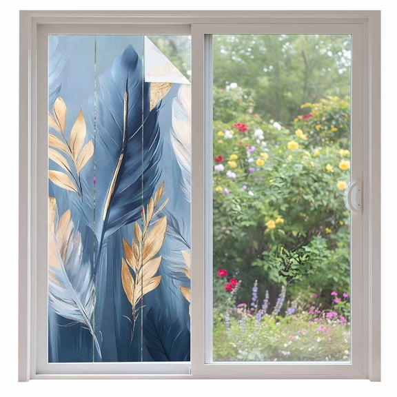 Blue Gold Feather Window Privacy Film, Modern Oil Painting Gradient White Static Cling UV Sun Blocking Heat Control Window Tint Day and Night, Non-Adhesive One Way Windows Privacy Cover 35.4''x78.7''