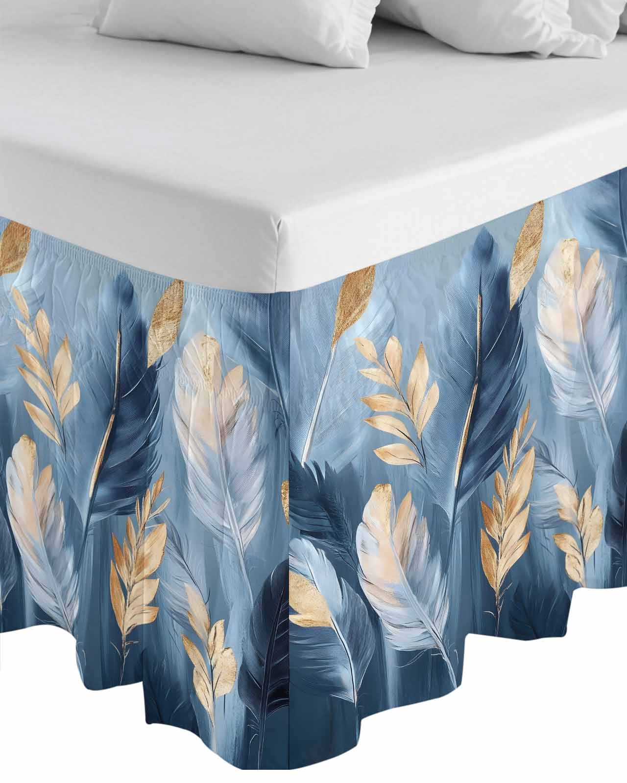 Blue Gold Feather Wrap Around Bed Skirts for Queen Bed 16" Drop,Bed Skirt with Adjustable Elastic Belt Dust Ruffle Bed Valance for Bedroom Hotel Modern Oil Painting Gradient White Bed Frame Cover
