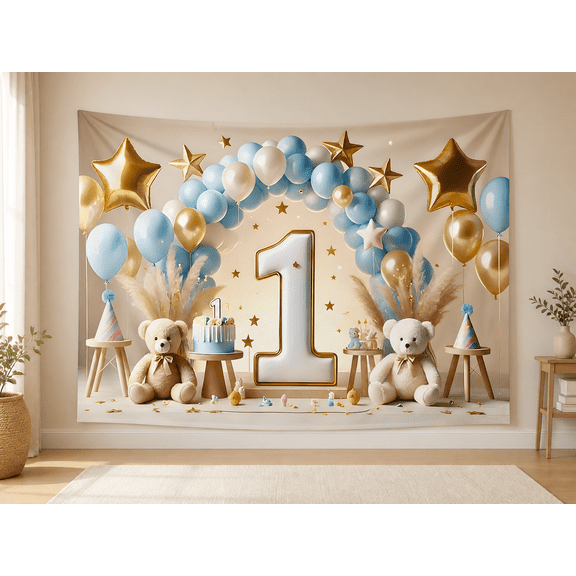 Blue Gold First Birthday Backdrop