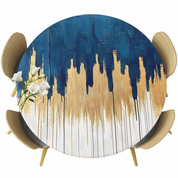 Blue Gold Fitted Tablecloth with Elastic Edged, Round Table Cloth for Dining Table, Modern Street Art Splatter Foil Painting Waterproof Oil Proof Table Cover for Indoor Outdoor 55"-60"