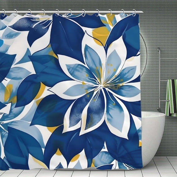 Blue Gold Floral Print Shower Curtain,Modern Fabric Waterproof Shower Curtain Set with Hooks,70.8×70.8Inch