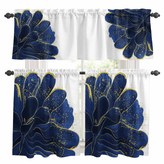 Blue Gold Flower Kitchen Curtains Valances and Tiers Set of 3 Deep Blue Gradient Vintage Abstract Line Tier Curtains and Valance with Rod Pocket for Small Windows, 27.5"x36"