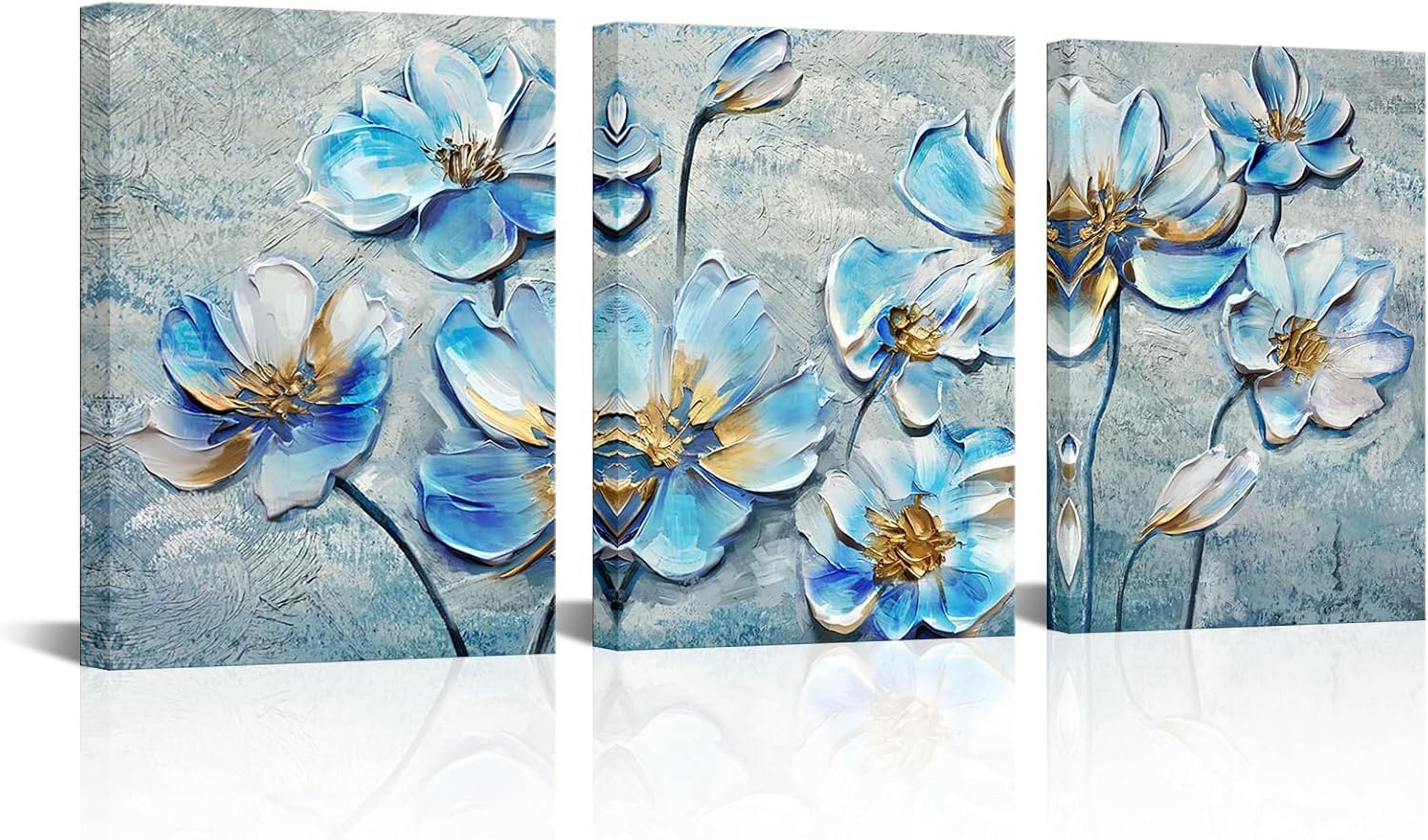 Blue and Gold Flower Wall Art 3 Panels Blooming Magnolia Floral ...