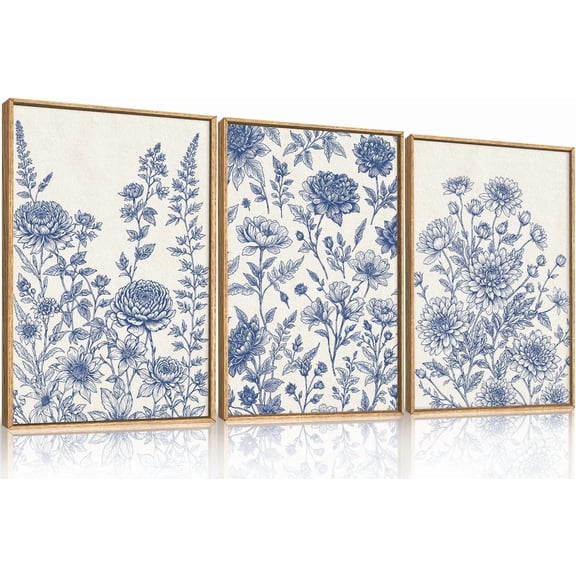 Blue and Gold Framed Canvas Wall Art Set, Mid-Century Modern Abstract Wall Decor, Navy Blue Ink Wash Painting, Neutral Art Print for Living Room, Bedroom, Dining Room, Office - 16"x24"x3