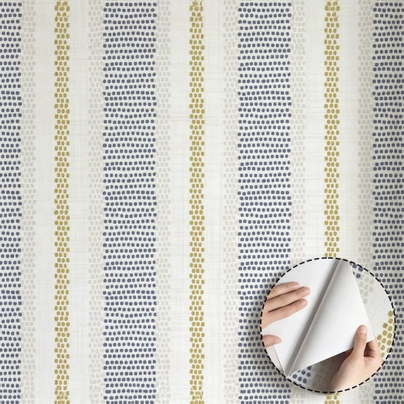 Blue Gold Geometric Dot Striped Wallpaper Modern Minimalist Aesthetic Boho Self Adhesive Removable Waterproof Home Decor for Living Room Bedroom Bathroom Kitchen Cabinet Drawer 17.7 * 118 in
