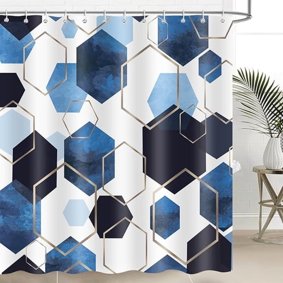 Blue And Gold Geometric Shower Curtain, Modern Abstract Boho Aesthetic Art Bathroom Curtains Decor Set, Waterproof Polyester Fabric Bath Curtain With Hooks 72"W x 72"L
