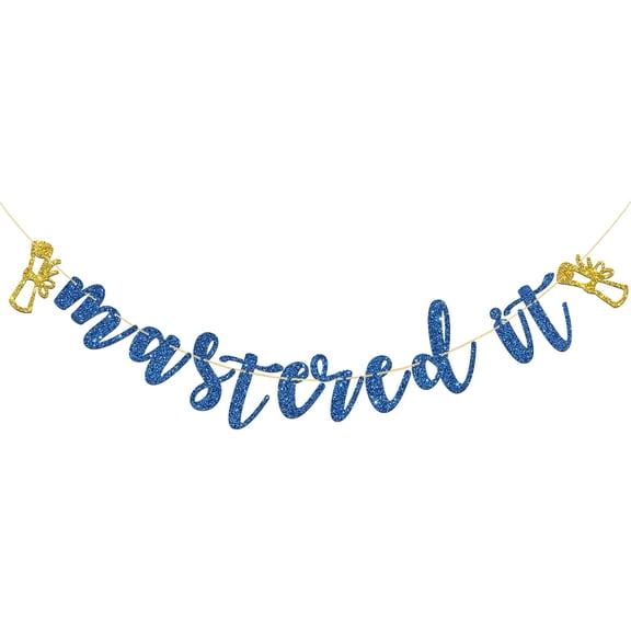 Blue Gold Glitter Mastered It Banner with Diploma Cutouts, Master Degree Graduation Party Decorations