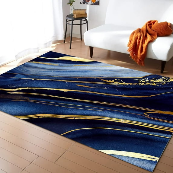 Blue Gold Gradient Marble Area Rug Modern Abstract Light Luxury Outdoor Carpet Indoor Non Slip Rugs Room Sofa Living Bedroom Home Decor Floor Mats 3x5 Small Non-slip Washable Soft
