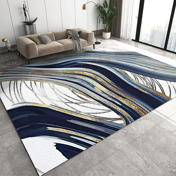 Blue Gold Gradient Marble Area Rug, Modern Abstract Luxury Bedroom Carpet, Small Rugs Comfortable Soft Breathable With Non-Slip Backing For Living Room Bedroom Study Office 5 x 6ft