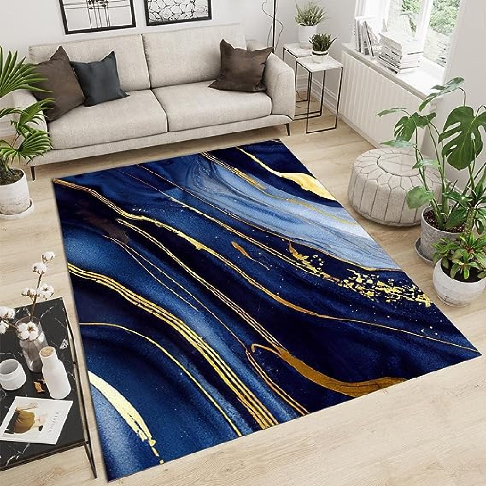 Blue Gold Gradient Marble Texture Area Rugs, Modern Abstract Luxury
