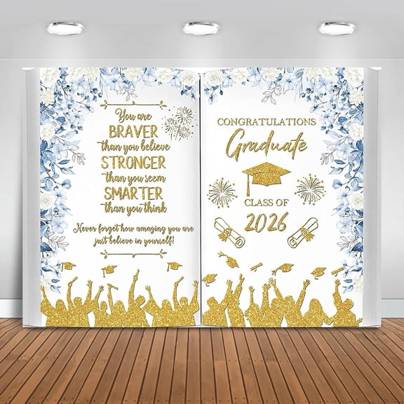 Blue Gold Graduation Backdrop Class of 2026 Grad Background Floral Book Congratulations Graduate Party Decorations Banner Photo Booth Props
