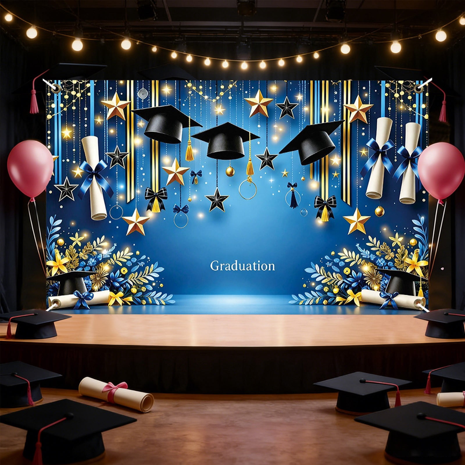 Blue Gold Graduation Backdrop Grad Cap Diploma Photo Booth Background ...