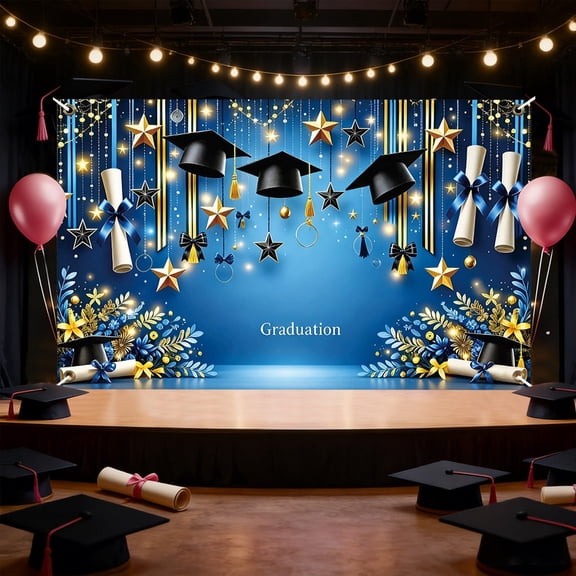 Blue Gold Graduation Backdrop Grad Cap Diploma Photo Booth Background for Grad Parties and Graduation Season Events