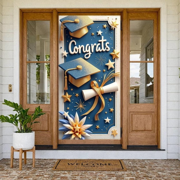 Blue and Gold Graduation Banner Mortarboard Congrats Display Diploma Golden Stars Academic Backdrop for Graduation Ceremony College Graduation Grad Party