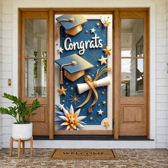 Blue and Gold Graduation Banner Mortarboard Congrats Display Diploma Golden Stars Academic Backdrop for Graduation Ceremony College Graduation Grad Party