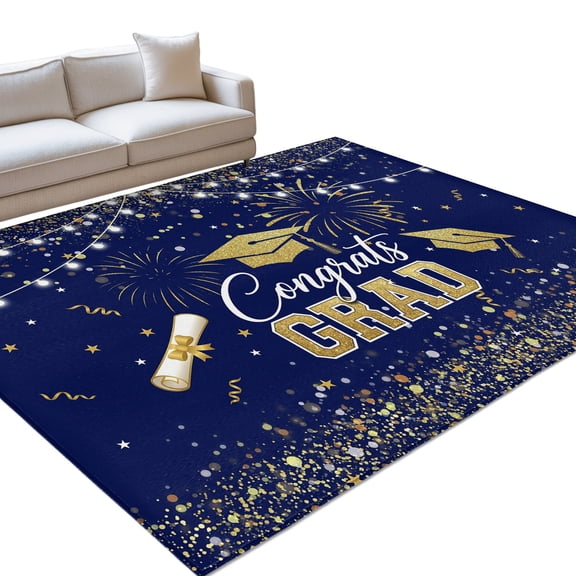 Blue Gold Graduation Cap 3x5ft Non Slip Area Rug Graduates Celebration Fireworks Classic Washable&nbsp;Soft Area Rugs for Living Room, Indoor&nbsp;Circle Carpet for Bedroom Dining Room Kitchen