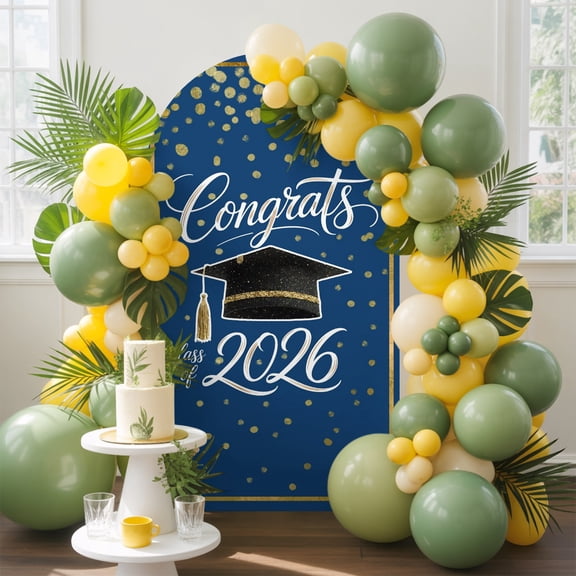 Blue Gold Graduation Cap Arch Backdrop Cover, 4FT, Class of 2026 Academic Modern Spandex Arch Covers Double-Sided Backdrop for Wedding Birthday Party Photo Background Decoration