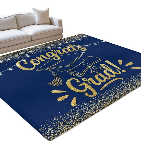 Blue Gold Graduation Cap Area Rugs 6x9ft Sequins Light Festive Celebration Floor Rug&nbsp;Non Slip Low Pile Ultra Soft Throw Carpet for Entryway Indoor Entrance Kitchen Bathroom