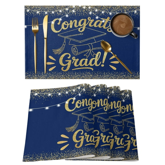 Blue Gold Graduation Cap Cotton Linen Placemats Set of 1, Sequins Light Festive Celebration Washable Table Place Mats Heat Insulating Placemat for Dining Room Kitchen Daily Use 13 x 19 Inch