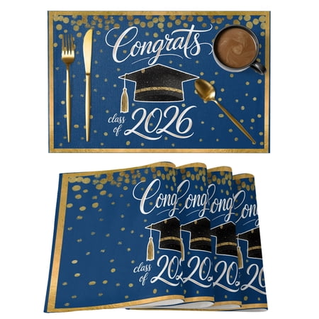 Blue Gold Graduation Cap Cotton Linen Placemats Set of 2, Class of 2026 Academic Modern Washable Table Place Mats Heat Insulating Placemat for Dining Room Kitchen Daily Use 13 x 19 Inch