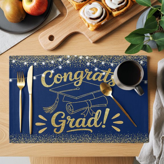 Blue Gold Graduation Cap Placemats Set of 12, Sequins Light Festive Celebration Non-Slip Place Mats Washable Table Mats for Kitchen Dining Table Decorations Indoor/Outdoor