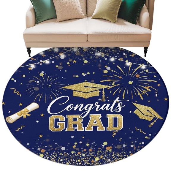 Blue Gold Graduation Cap Round Living Room Rugs 7 ft, Graduates Celebration Fireworks Classic Washable Area Rug with Non-Slip Sturdy Edge Binding Round Carpet for Kitchen Office Bedroom