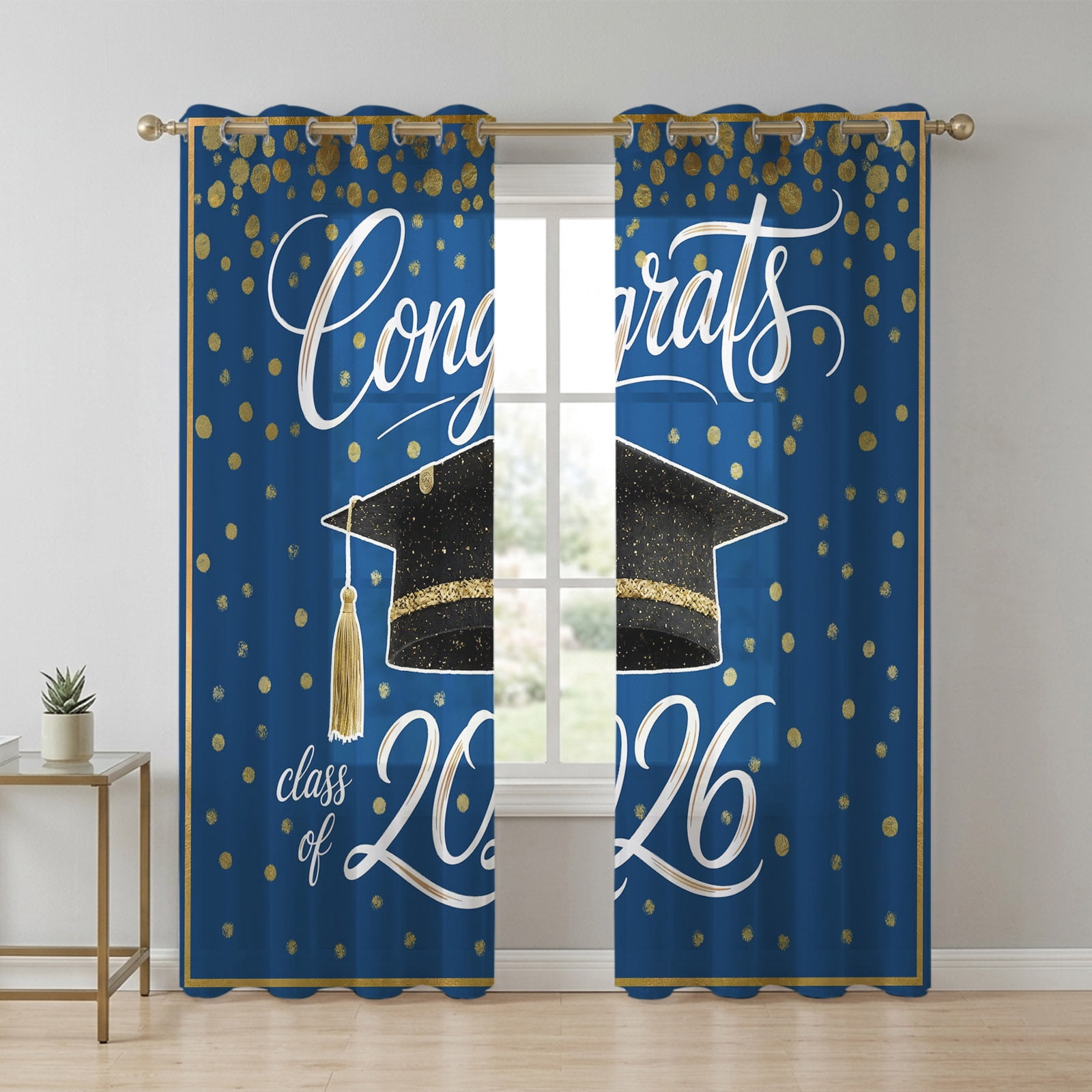 Blue Gold Graduation Cap Sheer Curtains 96 Inch Long 2 Panels, Class of ...