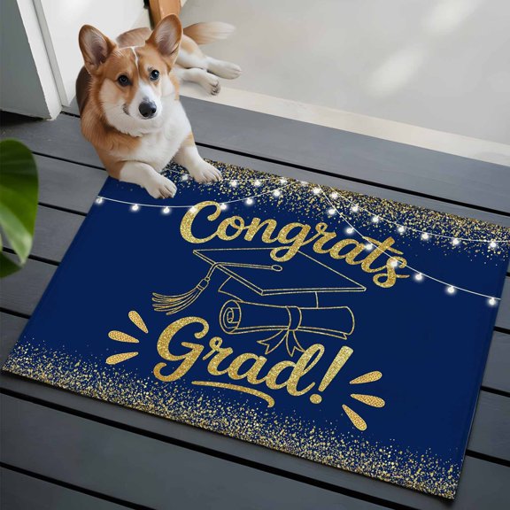 Blue Gold Graduation Cap Washable Entry Rug 2x3 Sequins Light Festive Celebration Low Pile Indoor Door Mat with Rubber Backing Thin Area Rug for for Entrance, Bedroom, Kitchen, Laundry, Bathroom