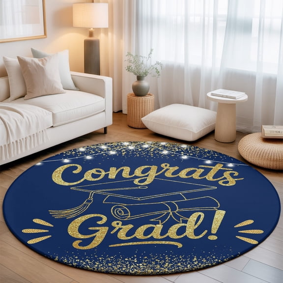Blue Gold Graduation Cap Washable Round Area Rug 4 ft, Sequins Light Festive Celebration Soft Non Slip Rugs Stain Repellent Indoor Felt Carpet for Living Dining Room Bedroom Home Office