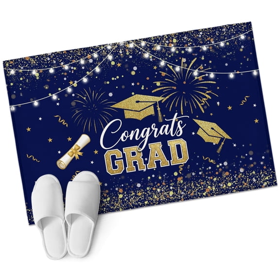 Blue Gold Graduation Cap Washable Small Entryway Area Rugs 2'x3', Graduates Celebration Fireworks Classic Low Pile Throw Rug Non-Slip Sturdy Edge Binding Carpet for Front Door Floor Room Entry