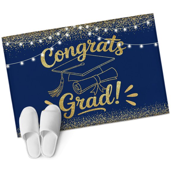 Blue Gold Graduation Cap Washable Small Entryway Area Rugs 2'x3', Sequins Light Festive Celebration Low Pile Throw Rug Non-Slip Sturdy Edge Binding Carpet for Front Door Floor Room Entry