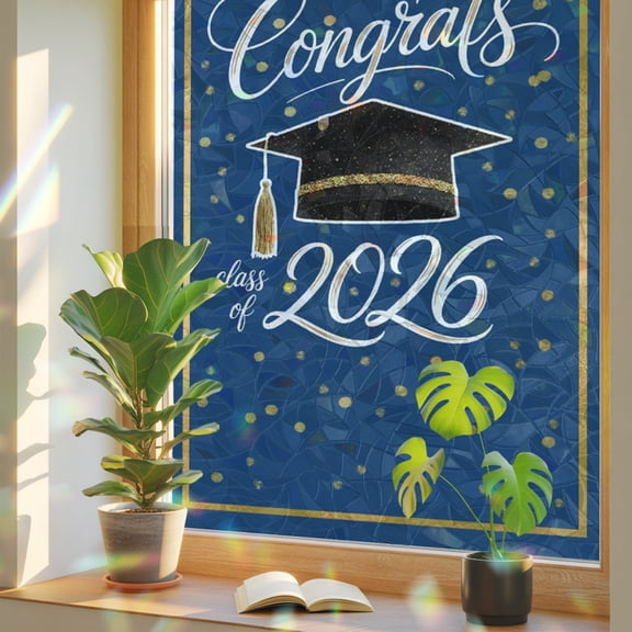 Blue Gold Graduation Cap Window Privacy Film, Class of 2026 Academic Modern Stained Glass Rainbow Film Decorative Window Clings, Static Cling Sun Blocking Stickers 17.7" x 39.3"