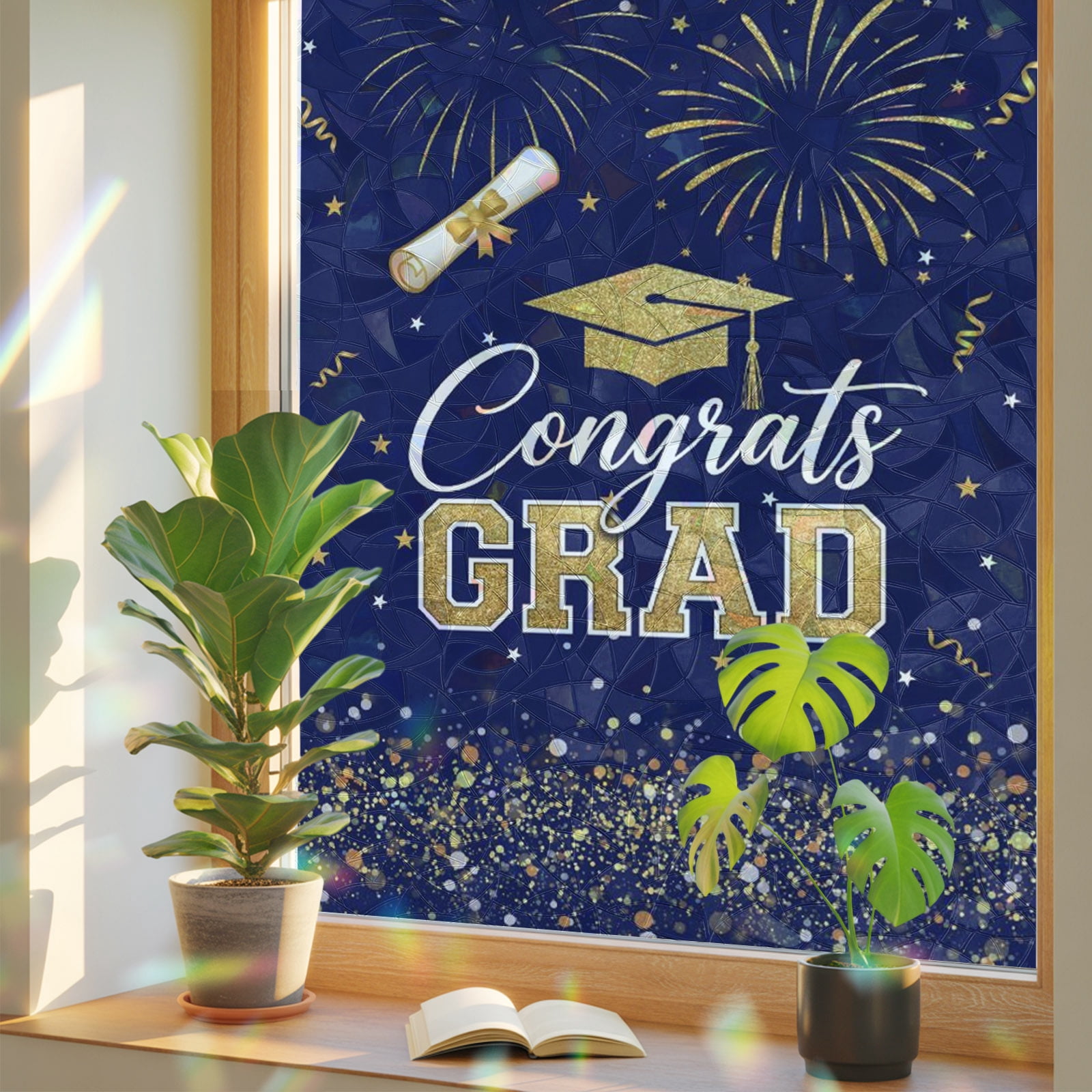 Graduation Window Display Blue Gold Graduation Cap Window Privacy Film, Graduates Celebration ...