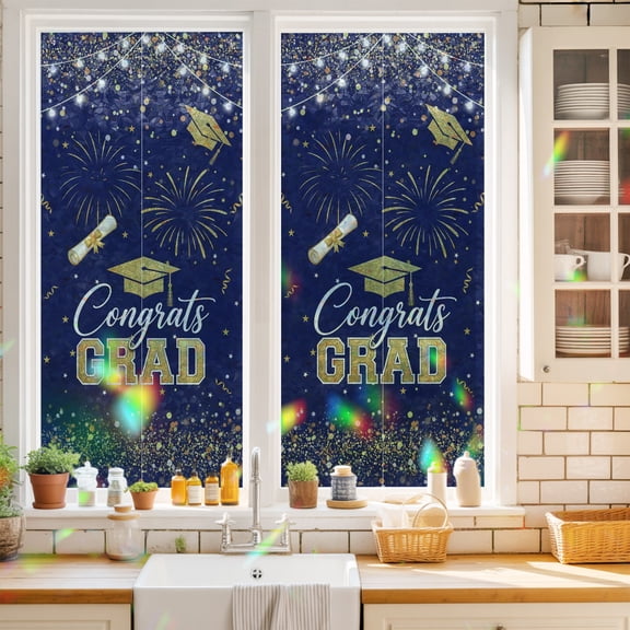 Blue Gold Graduation Cap Window Privacy Film Graduates Celebration Fireworks Classic Static Cling Stained Glass Window Film Non-Adhesive Decorative Decals Rainbow Sticker 17.7"X39.3"