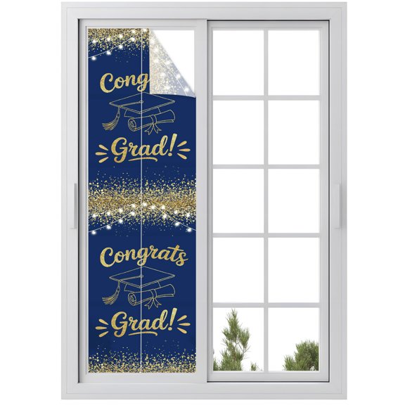 Blue Gold Graduation Cap Window Privacy Film Sequins Light Festive Celebration Decorative Glass Window Film UV Blocking Static Cling Non-Adhesive Sticker Covering for Home Door 23.6 x 78.7 inches