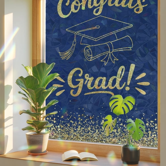 Blue Gold Graduation Cap Window Privacy Film, Sequins Light Festive Celebration Stained Glass Rainbow Film Decorative Window Clings, Static Cling Sun Blocking Stickers 17.7" x 39.3"