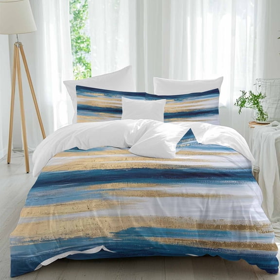 Blue Gold Graffiti 4 Piece Duvet Cover Set California King Size Retro Brush Soft Bedding Set Comforter Cover, 1 Duvet Cover 1 Flat Sheets and 2 Pillowcases