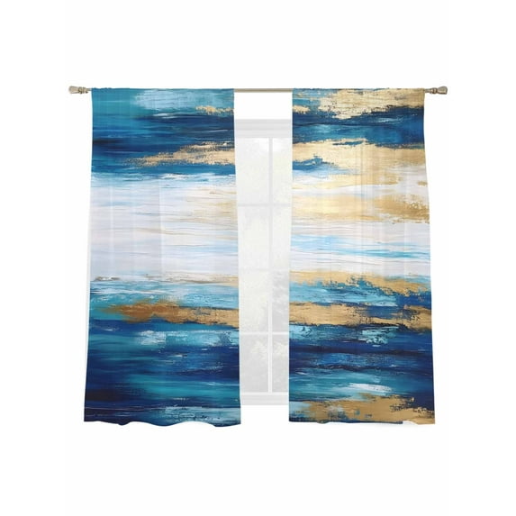 Blue Gold Graffiti Sheer Curtains for Living Room Bedroom, Light-filtering Sheer Curtain, Retro Brush Rod Pocket Voile Window Treatment Drapes, 52’’Wx72’’L, 2 Panels Set