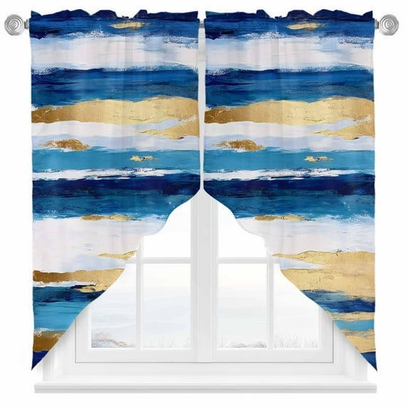 Blue Gold Graffiti Swag Curtain Valance for Windows, Abstract Brush Window Treatments Short Swag Topper for Kitchen Windows Bathroom Bedroom, 28"x36"